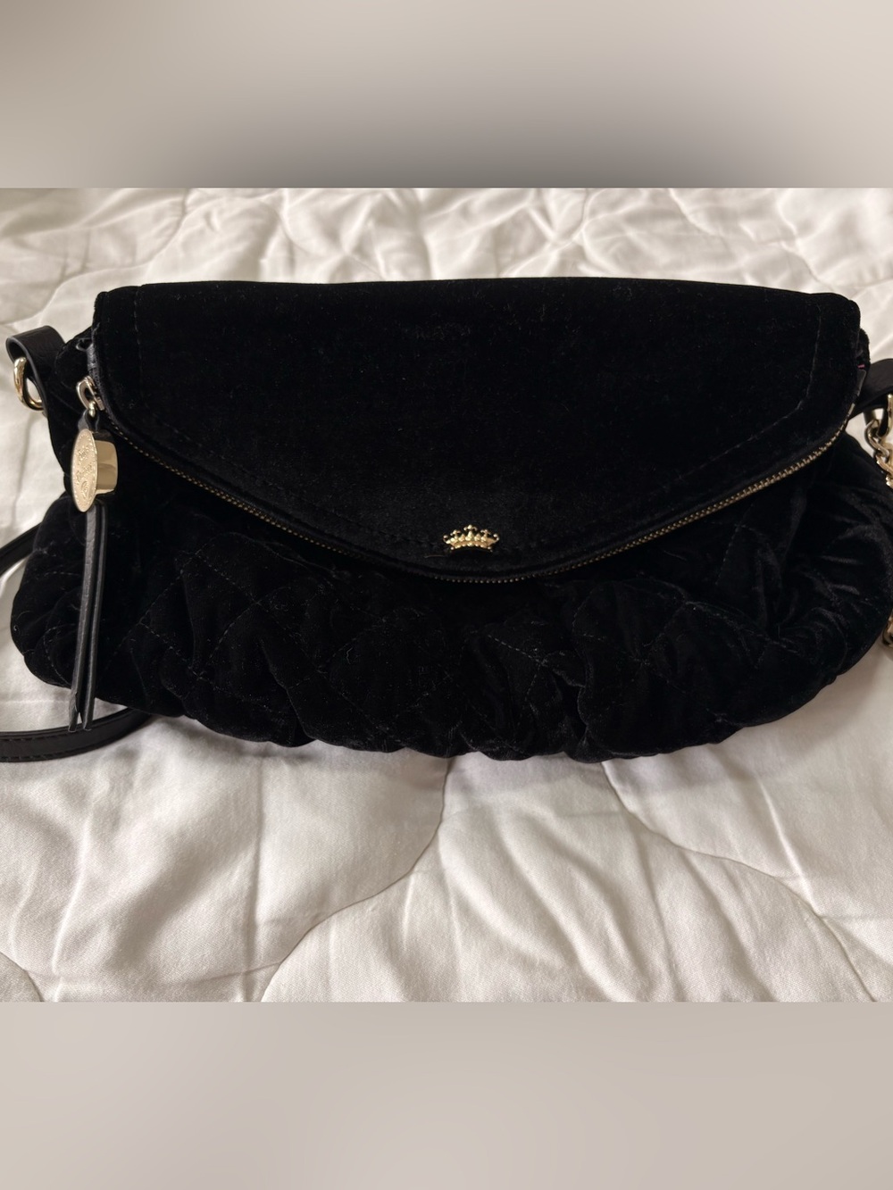 Juicy Couture Black Velour Quilted Crossbody with Gold Hardware